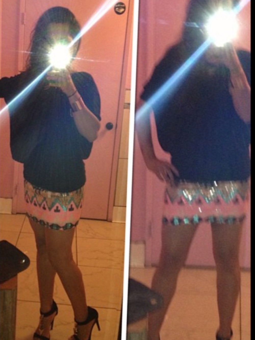 Forever 21 Neon Aztec Sequin Mini Skirt - Pink Turquoise Black Gold
